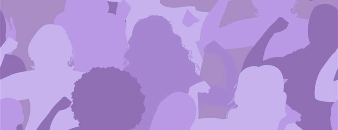 Abstract illustration of overlapping human silhouettes in various shades of purple