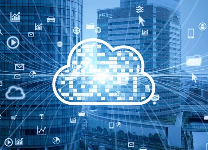 Cloud computing icon with digital data symbols connected across city skyscrapers, representing cloud technology and data networking