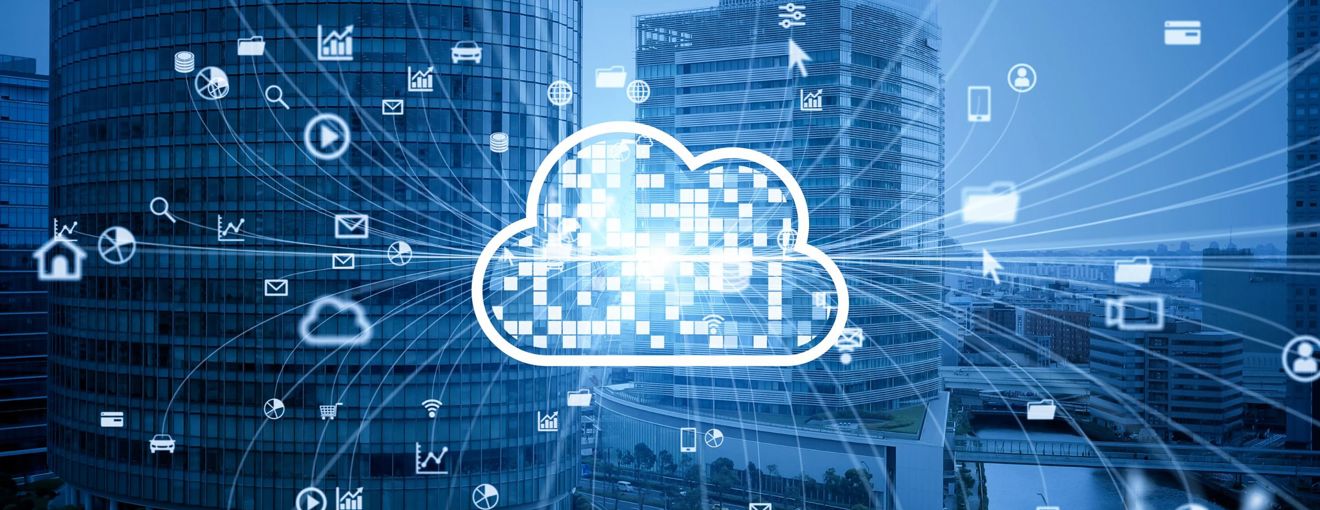 Cloud computing icon with digital data symbols connected across city skyscrapers, representing cloud technology and data networking