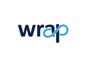 WRAP logo displayed in dark blue and light blue lettering with a looping infinity-style design on a white background