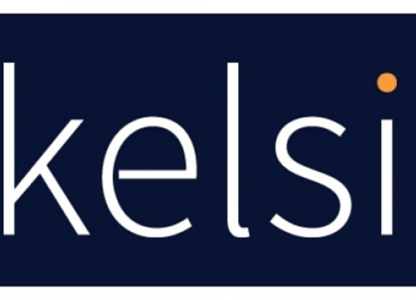 White Kelsi logo on a dark blue background
