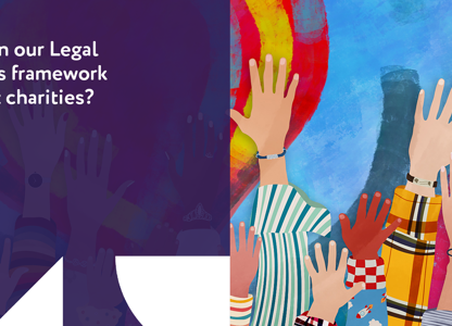 Colourful illustration of raised hands alongside text asking how a legal services framework can support charities