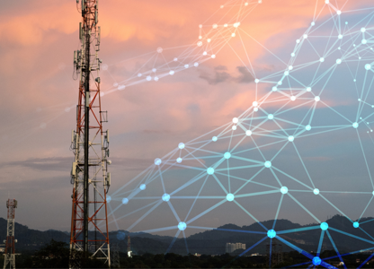 Telecommunication tower at sunset with an overlay of digital network connection lines
