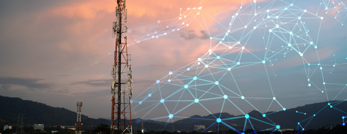 Telecommunication tower at sunset with an overlay of digital network connection lines