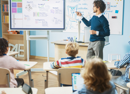 A teacher in a classroom in front of students